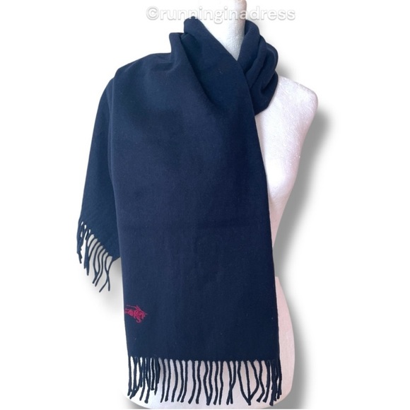 Vintage Cashmere Scarf In Navy Blue With Red Equestrian Knight Design Logo - Picture 4 of 9